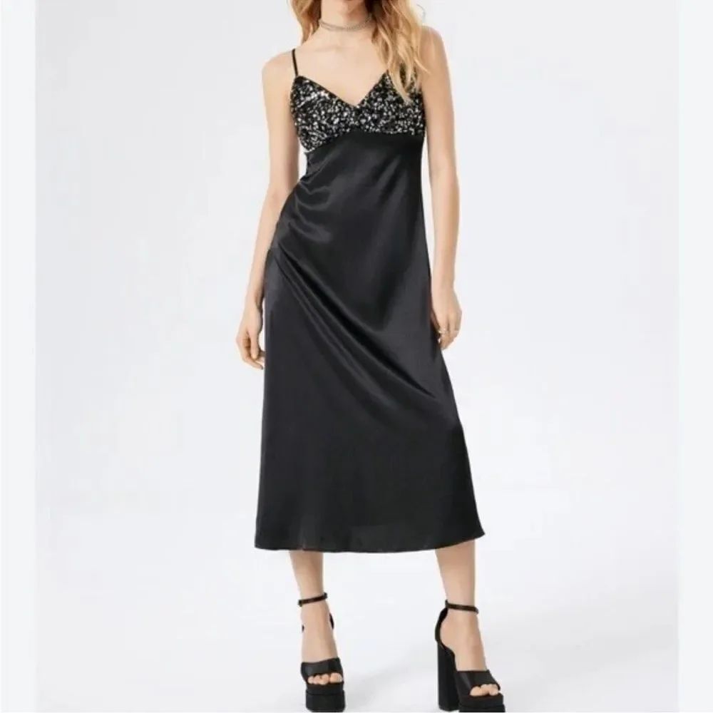 House of Harlow Sequined Black Satin Slip Dress
